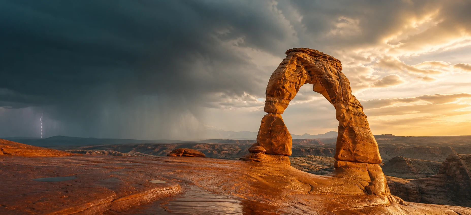 AI-generated illustration: rain and a distant lightning bolt give way to sunlight over a southern Utah sandstone arch.